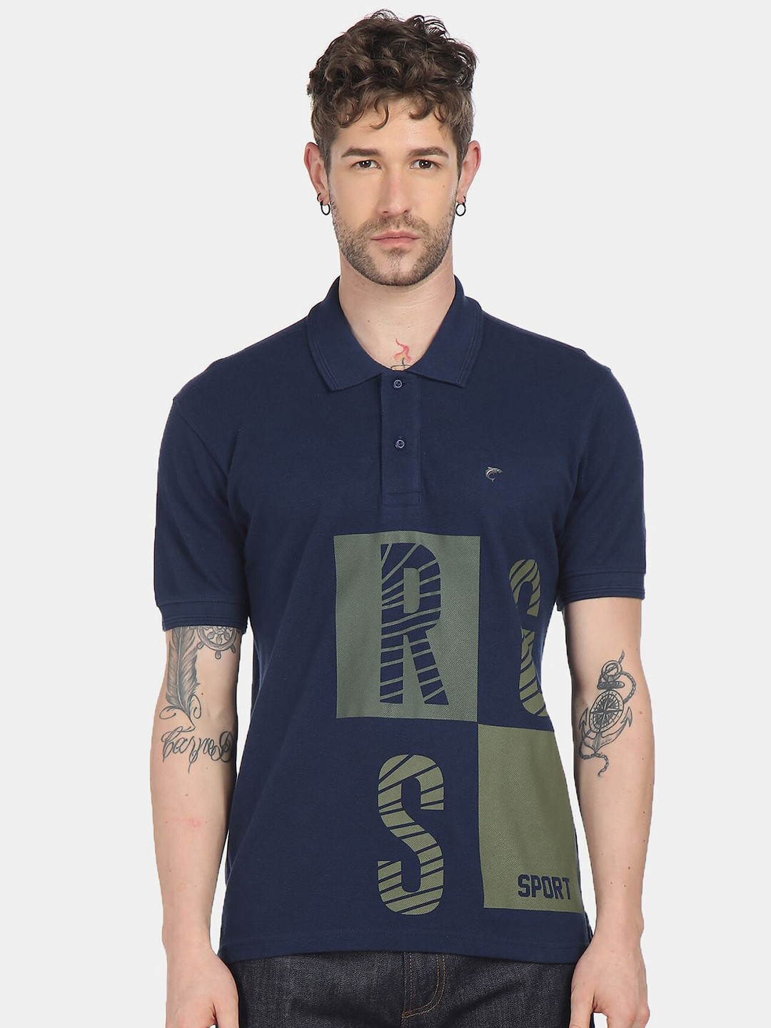 

Ruggers Men Blue Printed Polo Collar Pure Cotton T-shirt