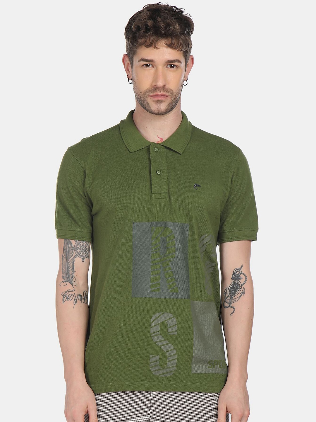 Ruggers Men Green Typography Polo Collar T-shirt