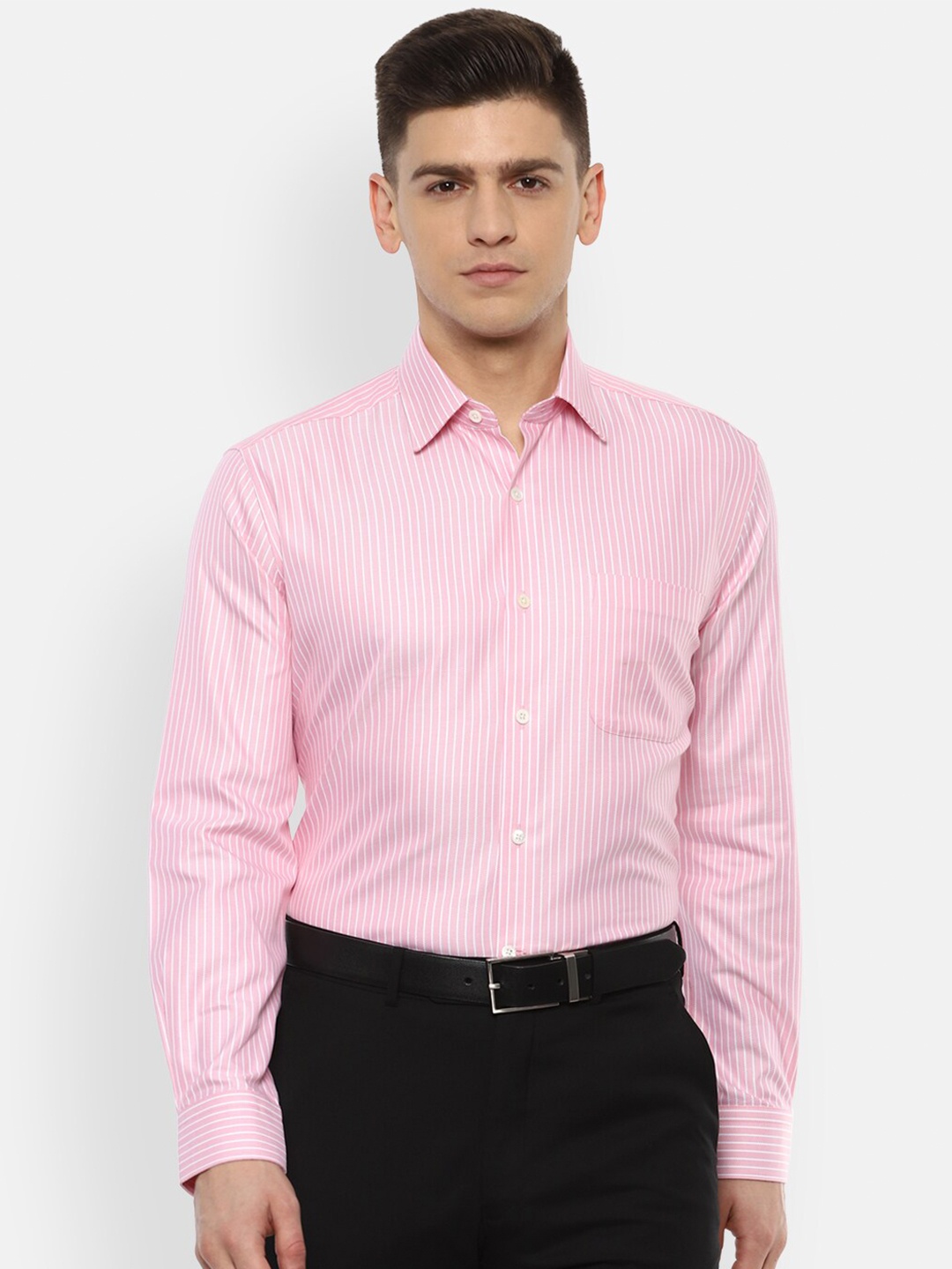 

Luxure by Louis Philippe Men Pink Striped Pure Cotton Formal Shirt