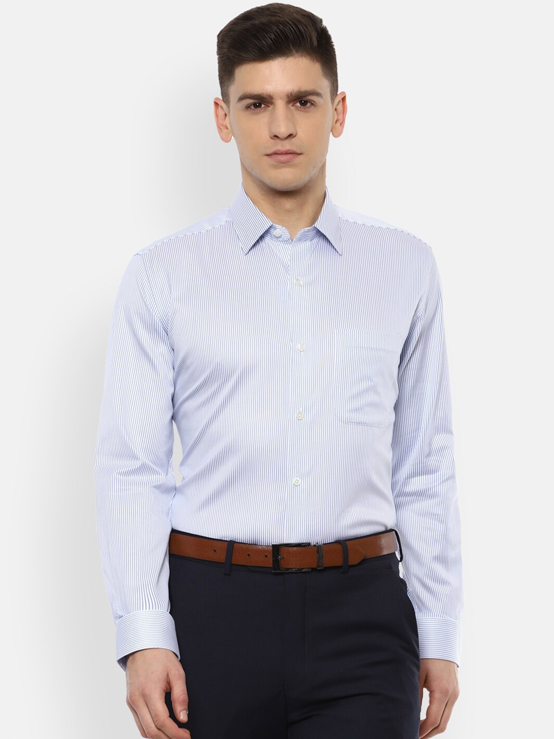 

Luxure by Louis Philippe Men Blue Striped Pure Cotton Formal Shirt
