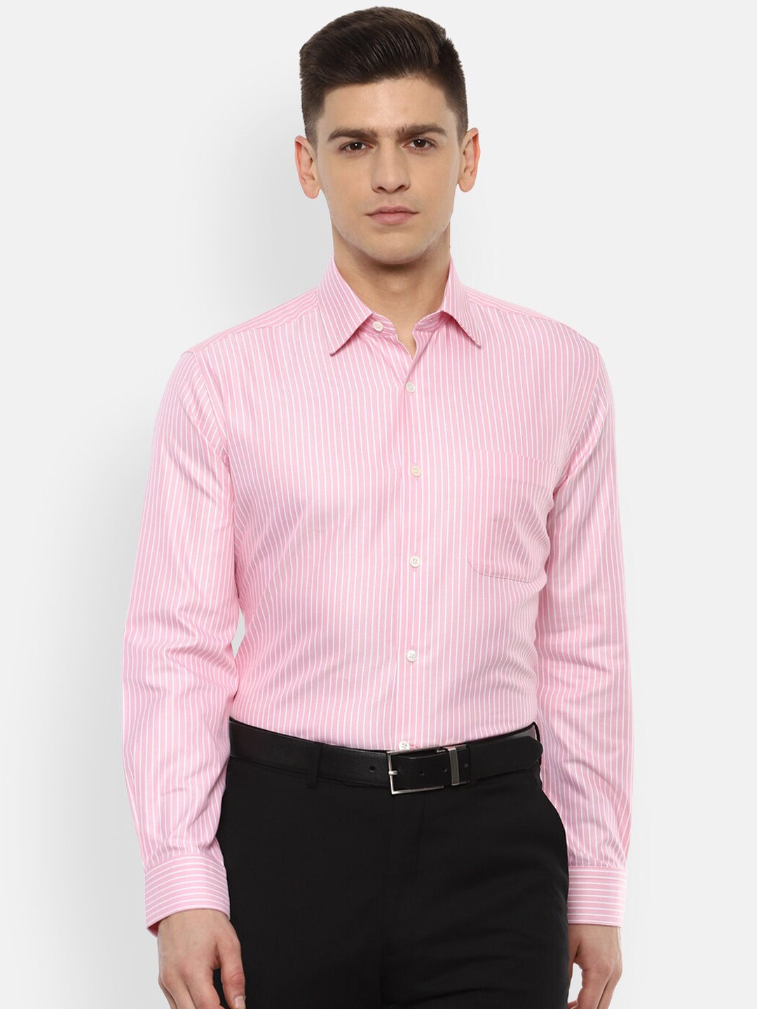

Luxure by Louis Philippe Men Pink Striped Pure Cotton Formal Shirt