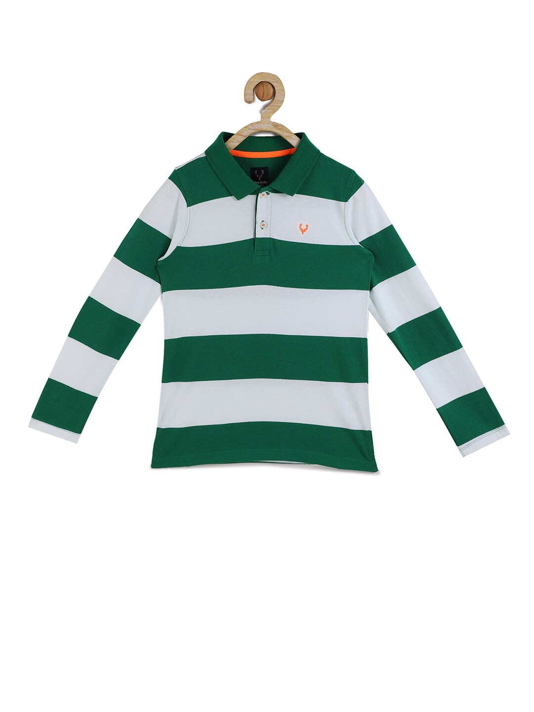 

Allen Solly Junior Boys Green & White Striped Cotton Polo Collar T-shirt