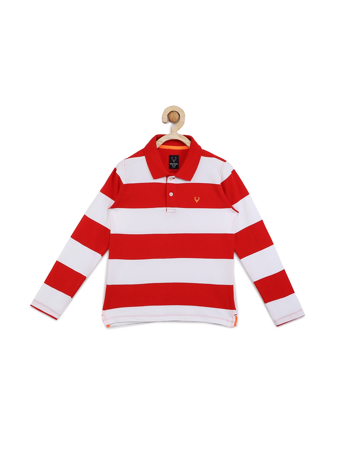 

Allen Solly Junior Boys Red & White Striped Cotton Polo Collar T-shirt