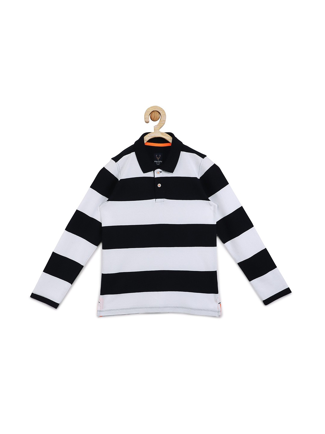 

Allen Solly Junior Boys Navy Blue & White Striped Polo Collar Cotton T-shirt