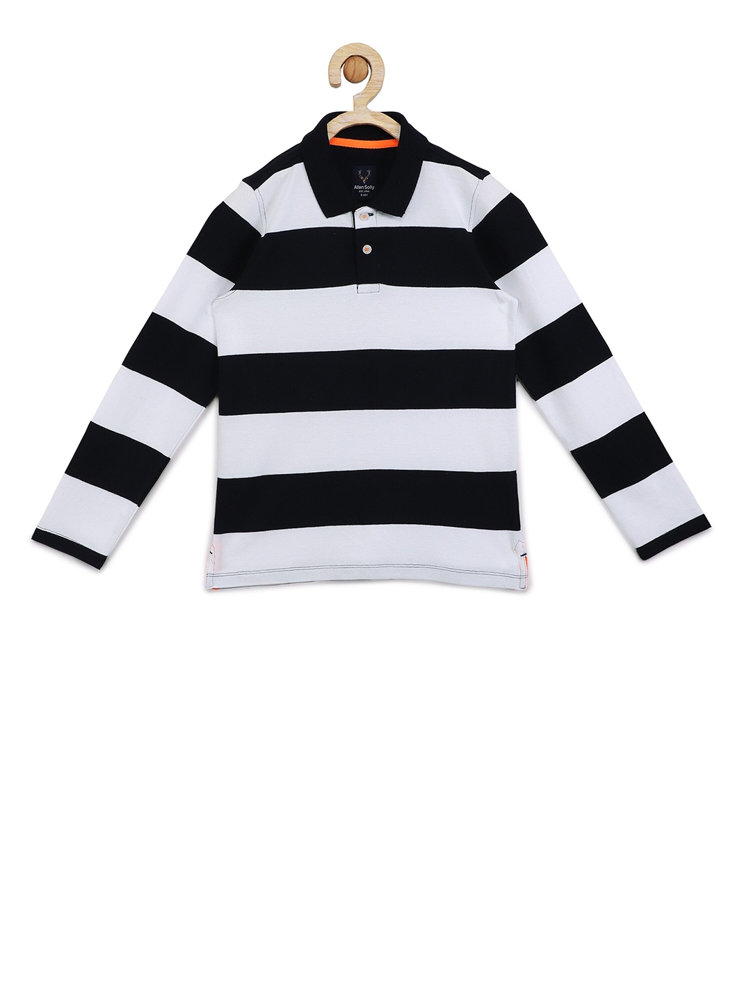 

Allen Solly Junior Boys Navy Blue & White Striped Polo Collar Cotton T-shirt