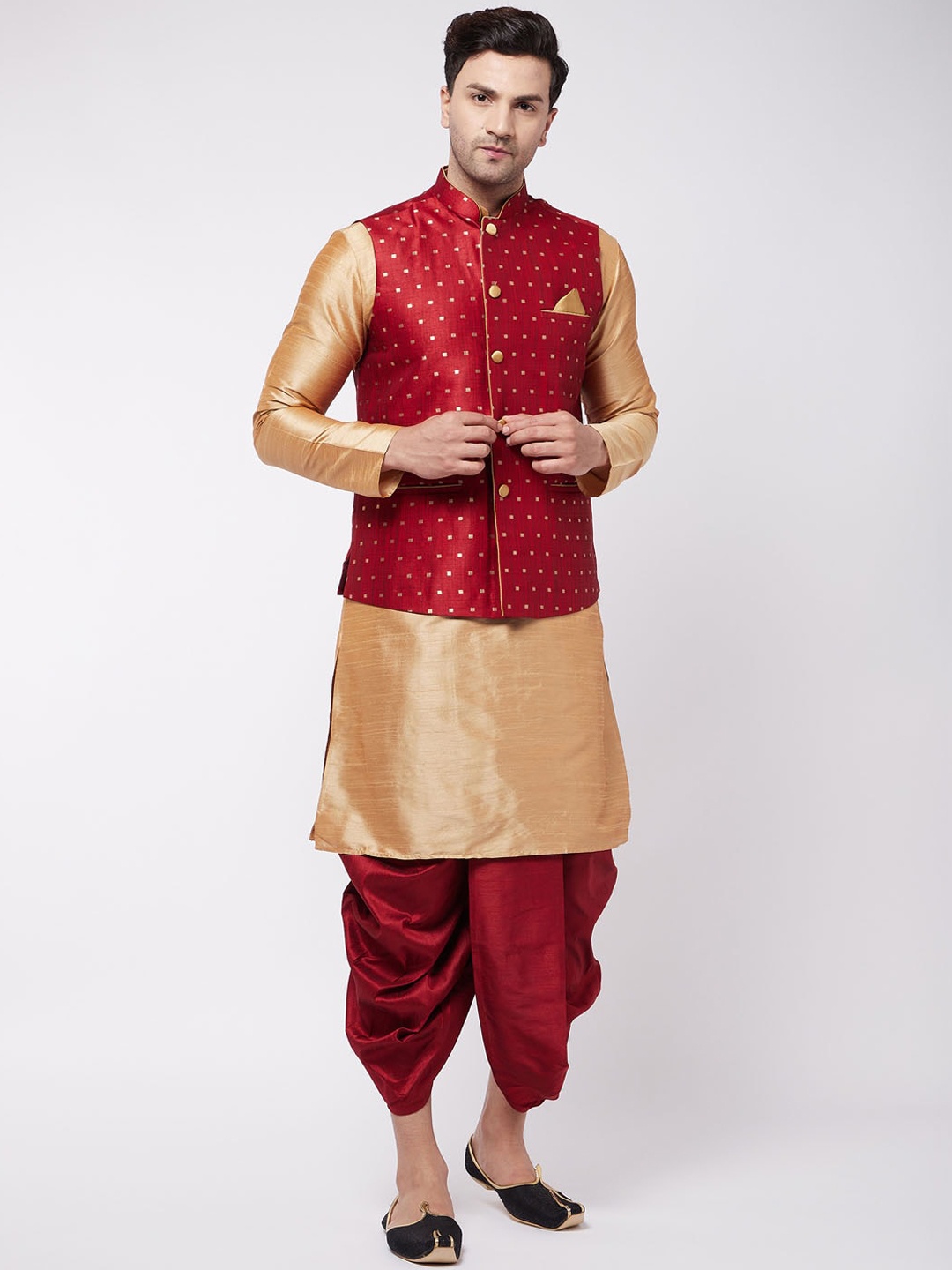 

VASTRAMAY Men Rose Gold-Toned & Maroon Woven Design Kurta with Dhoti Pants & Nehru Jacket