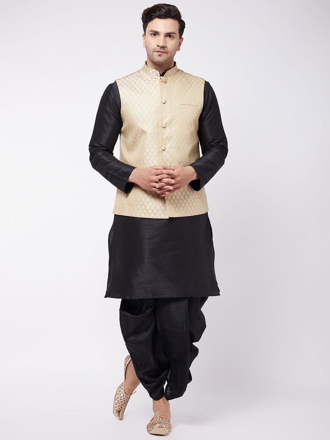 

VASTRAMAY Men Black & Beige Kurta With Dhoti Pants & Nehru Jacket