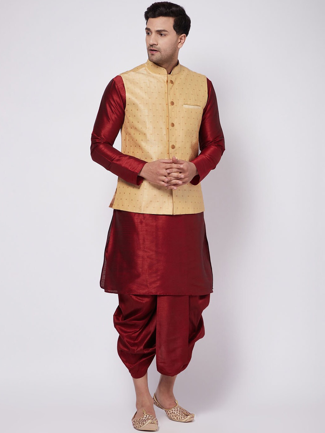 

VASTRAMAY Men Maroon Layered Kurta with Dhoti Pants