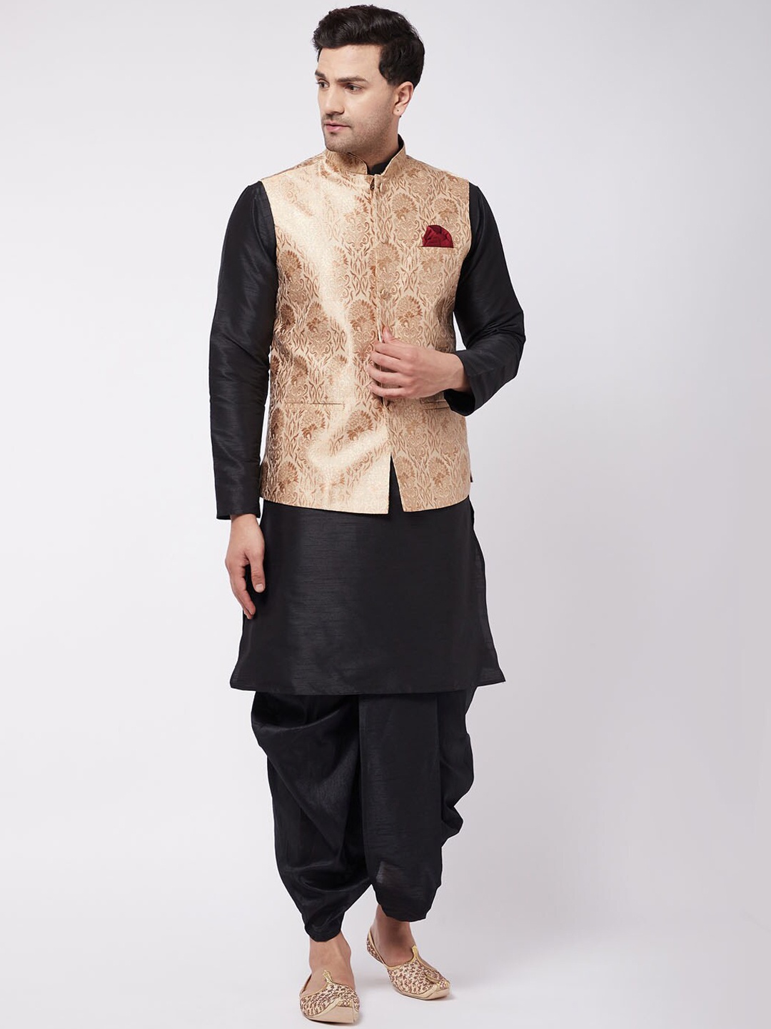 

VASTRAMAY Men Black & Gold-Coloured Kurta with Dhoti Pants & Nehru Jacket