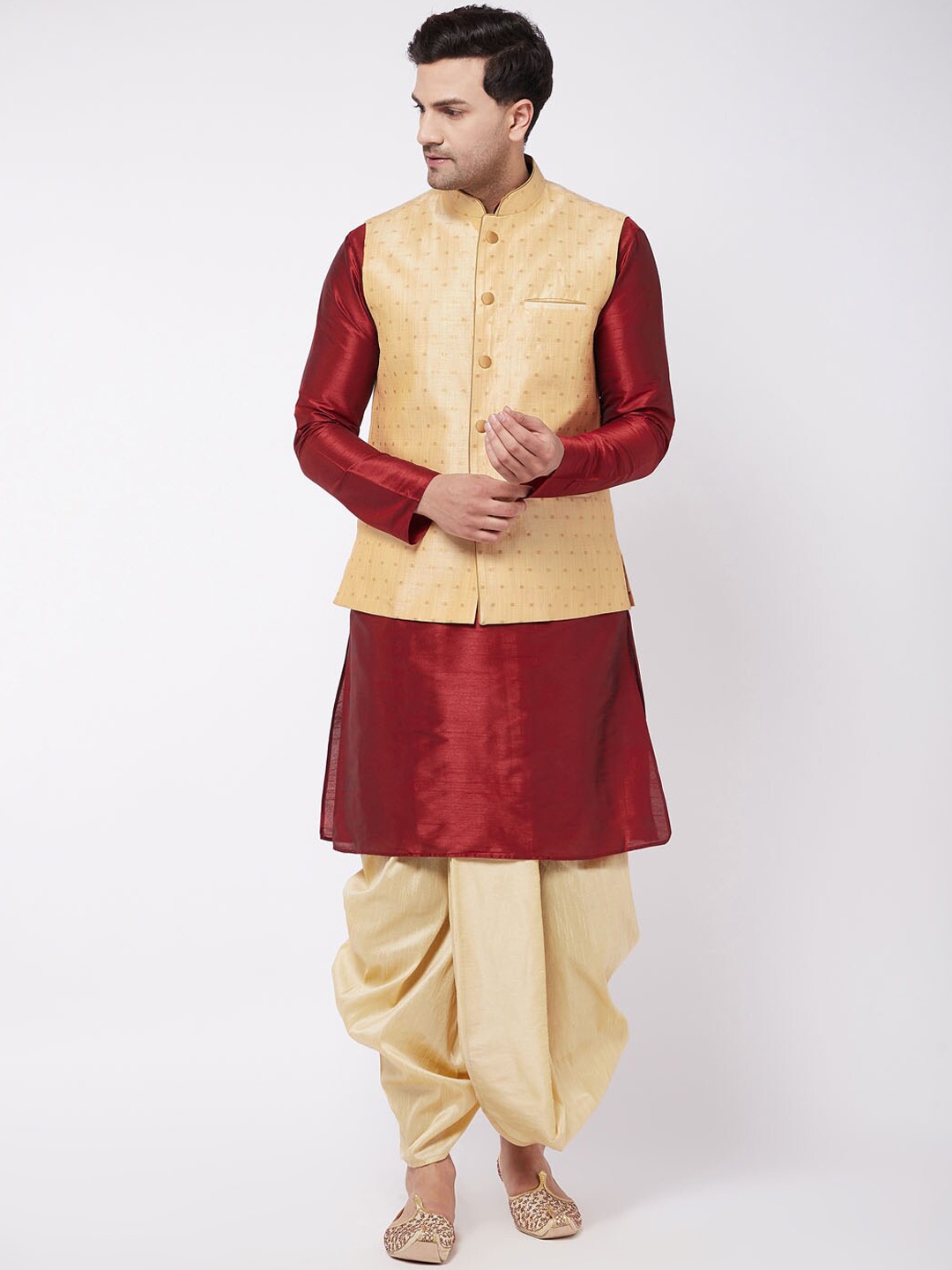 

VASTRAMAY Men Maroon Kurta with Dhoti Pants & Nehru Jacket
