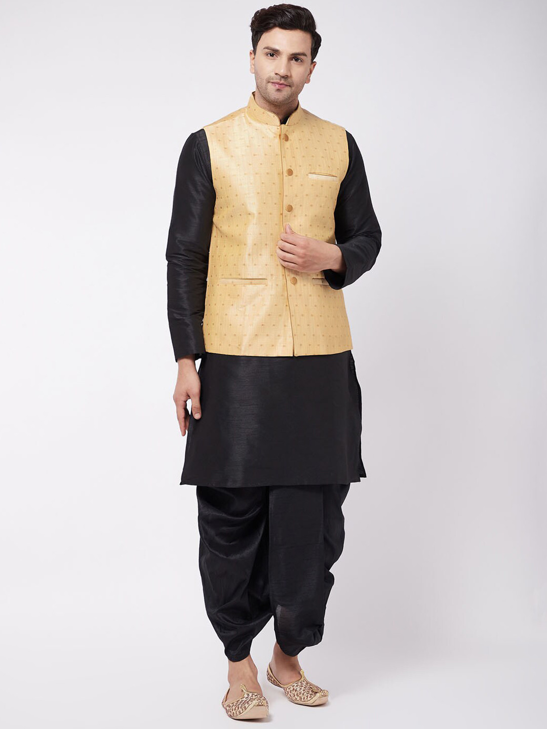 

VASTRAMAY Men Black Kurta with Dhoti Pants & Nehru Jacket Set