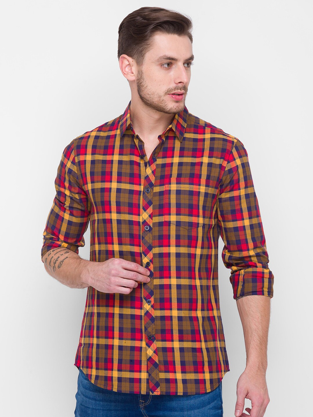 

Globus Men Navy Blue Tartan Checks Checked Casual Shirt