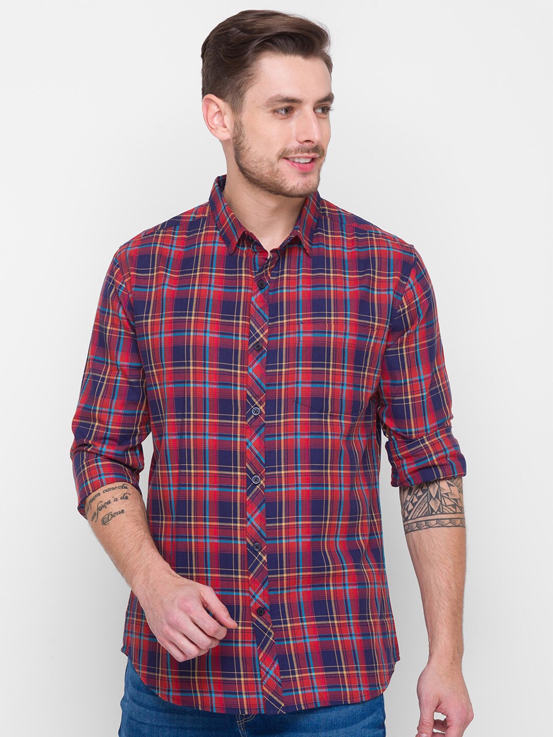 

Globus Men Rust Tartan Checked Casual Shirt