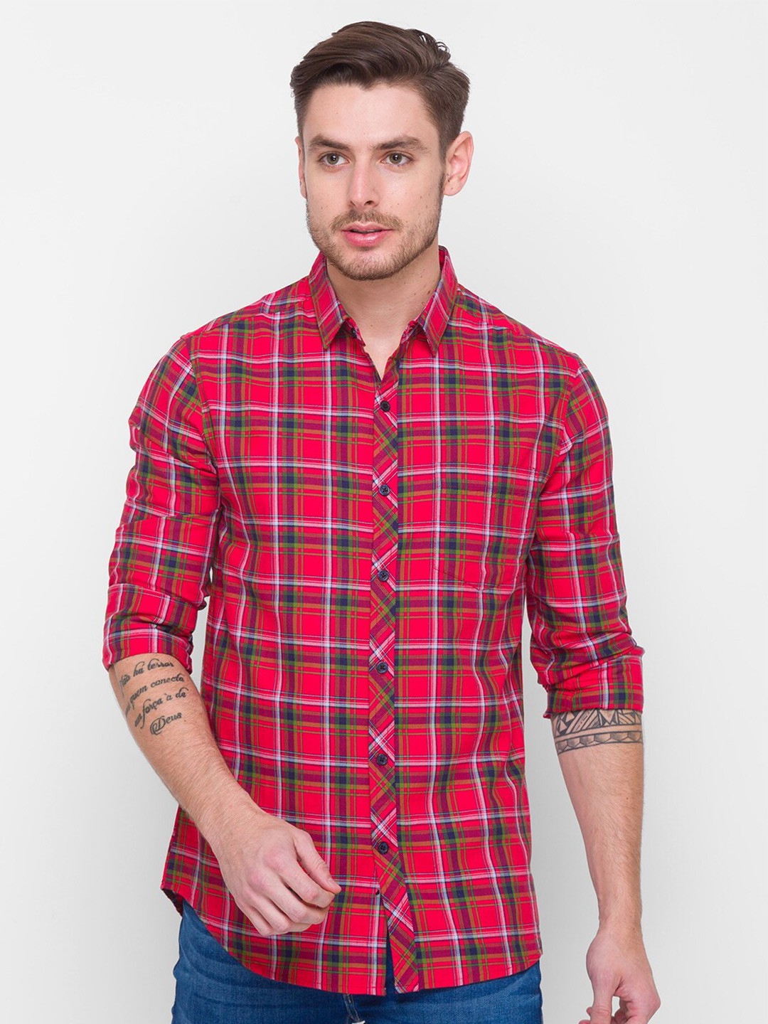 

Globus Men Red Tartan Checks Checked Casual Shirt