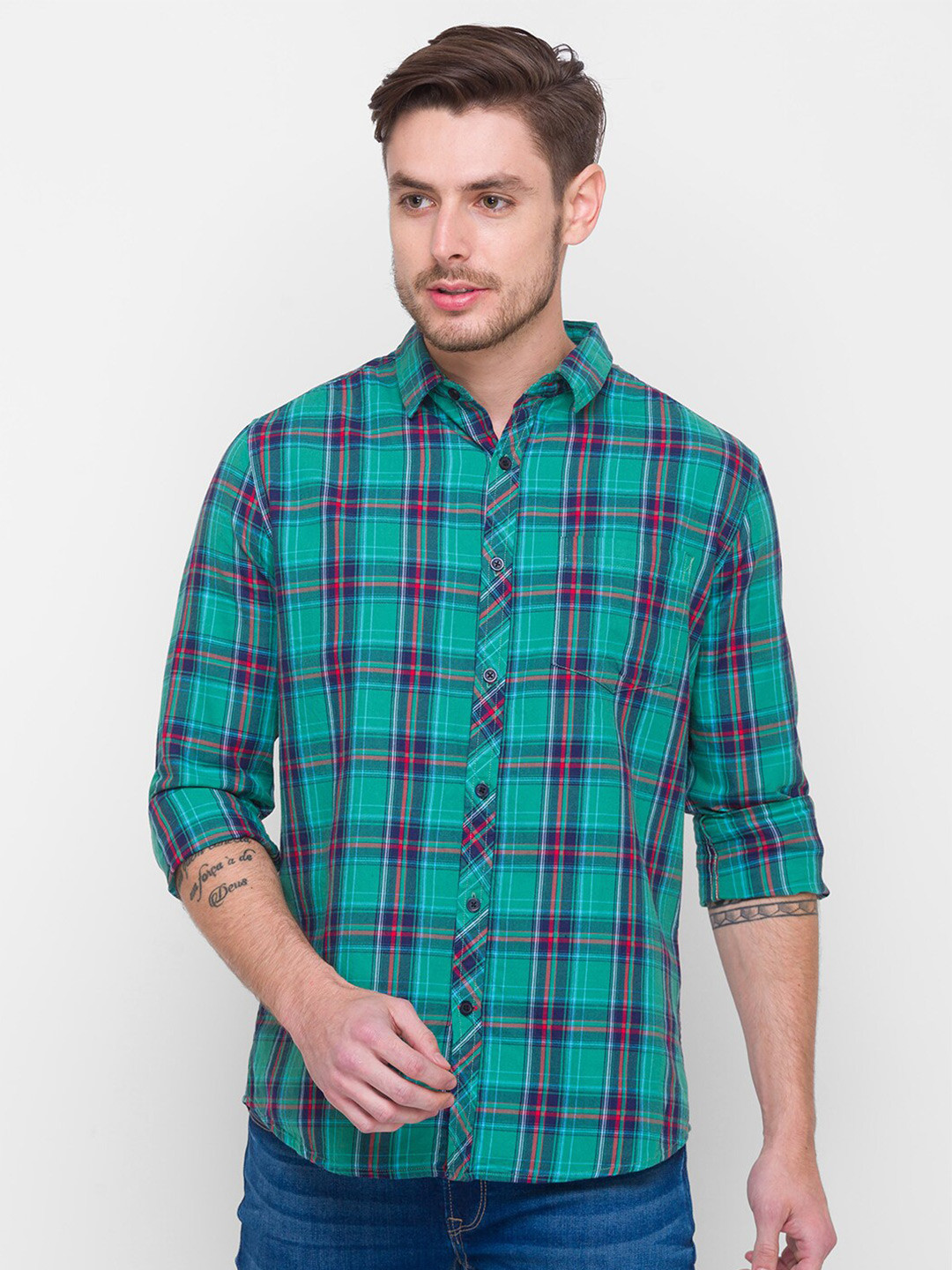 

Globus Men Cotton Sea Green Tartan Checks Casual Shirt