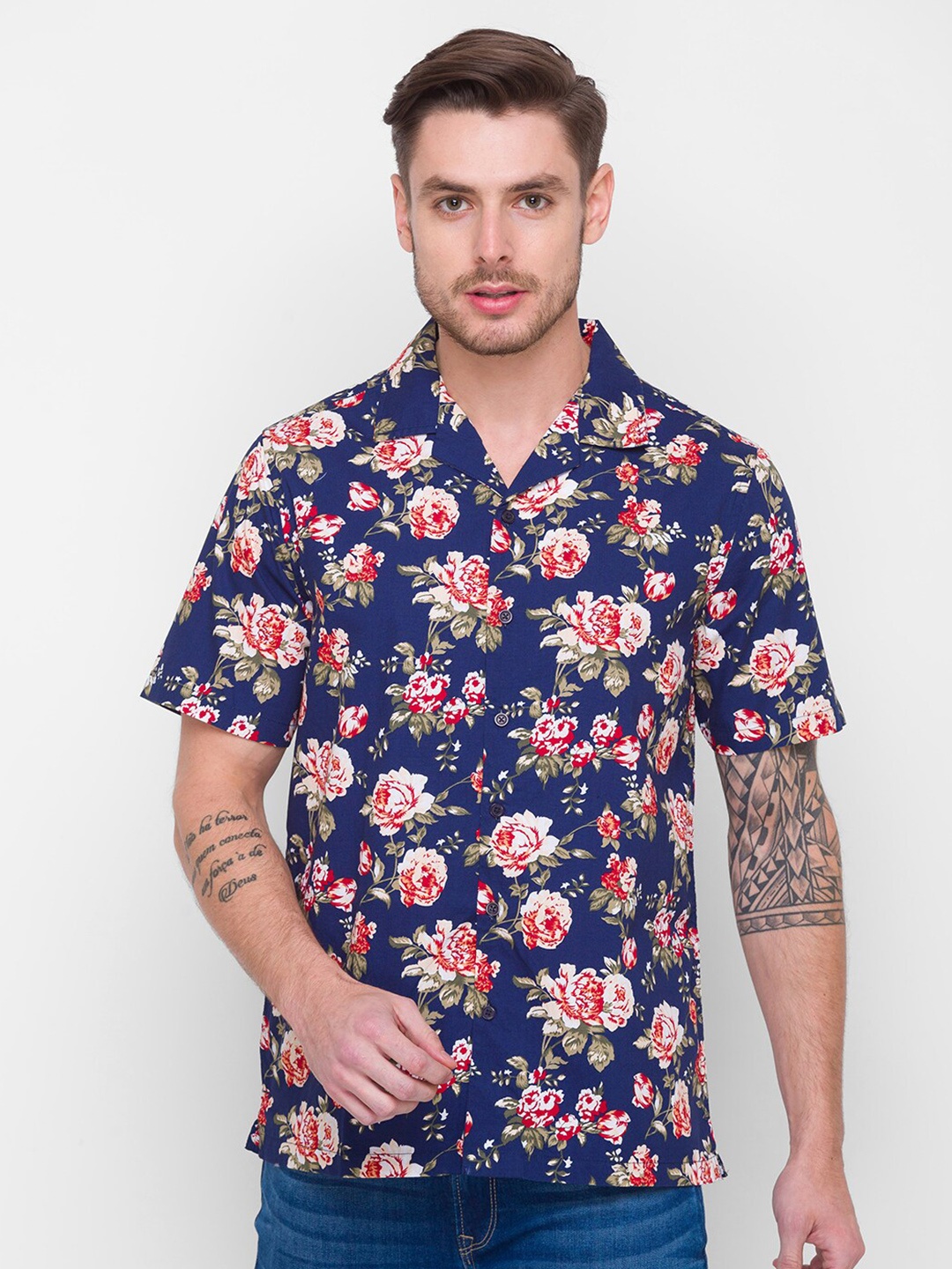 

Globus Men Navy Blue Floral Printed Regular Fit Cotton Casual Shirt