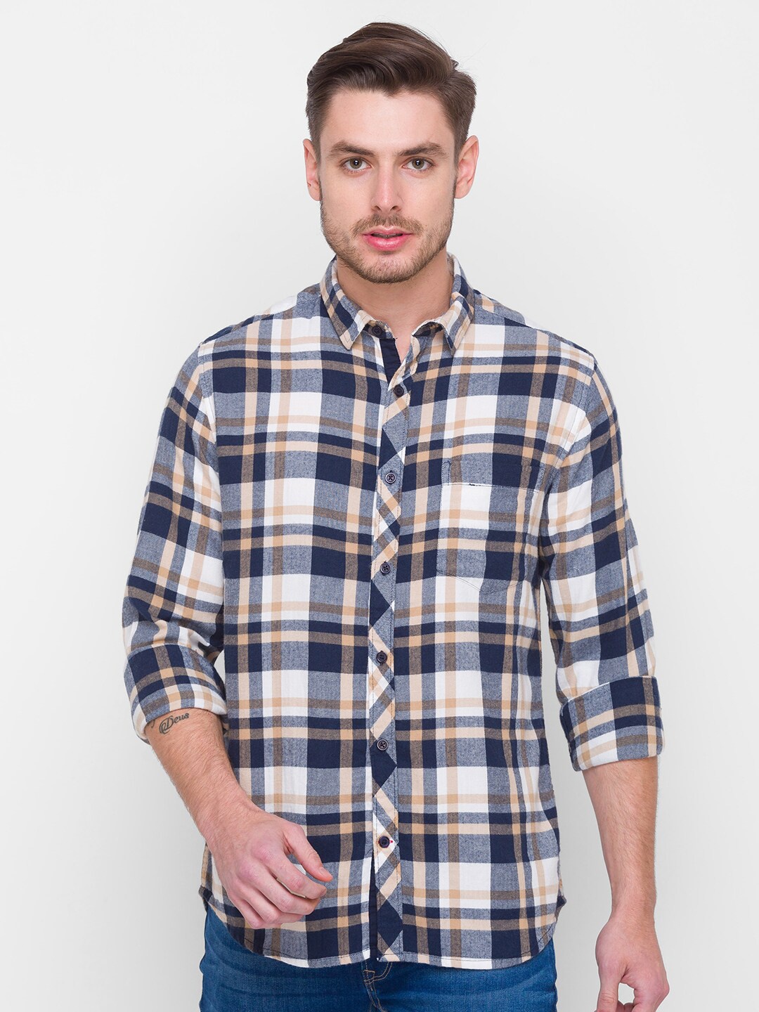 

Globus Men Beige Tartan Checks Checked Casual Shirt