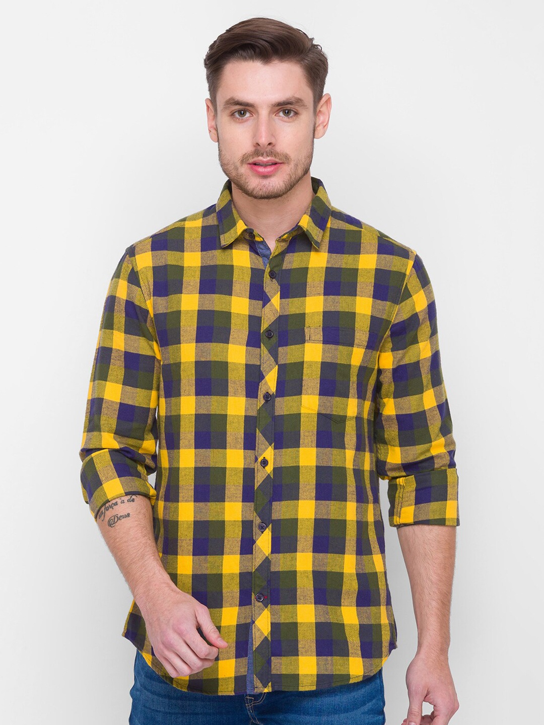 

Globus Men Mustard Checked Casual Shirt