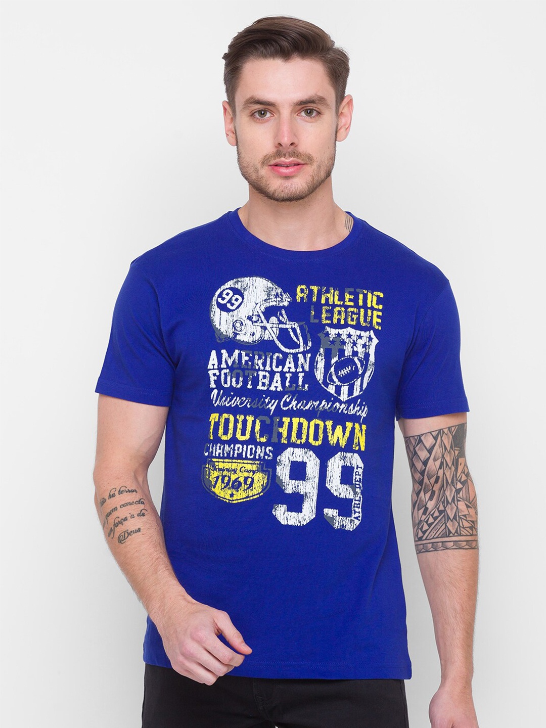 

Globus Men Blue Printed Raw Edge T-shirt