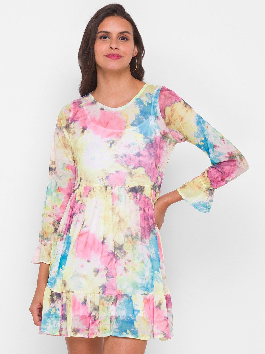 

Globus Women White & Pink Dyed Round Neck Fit & Flared Dress