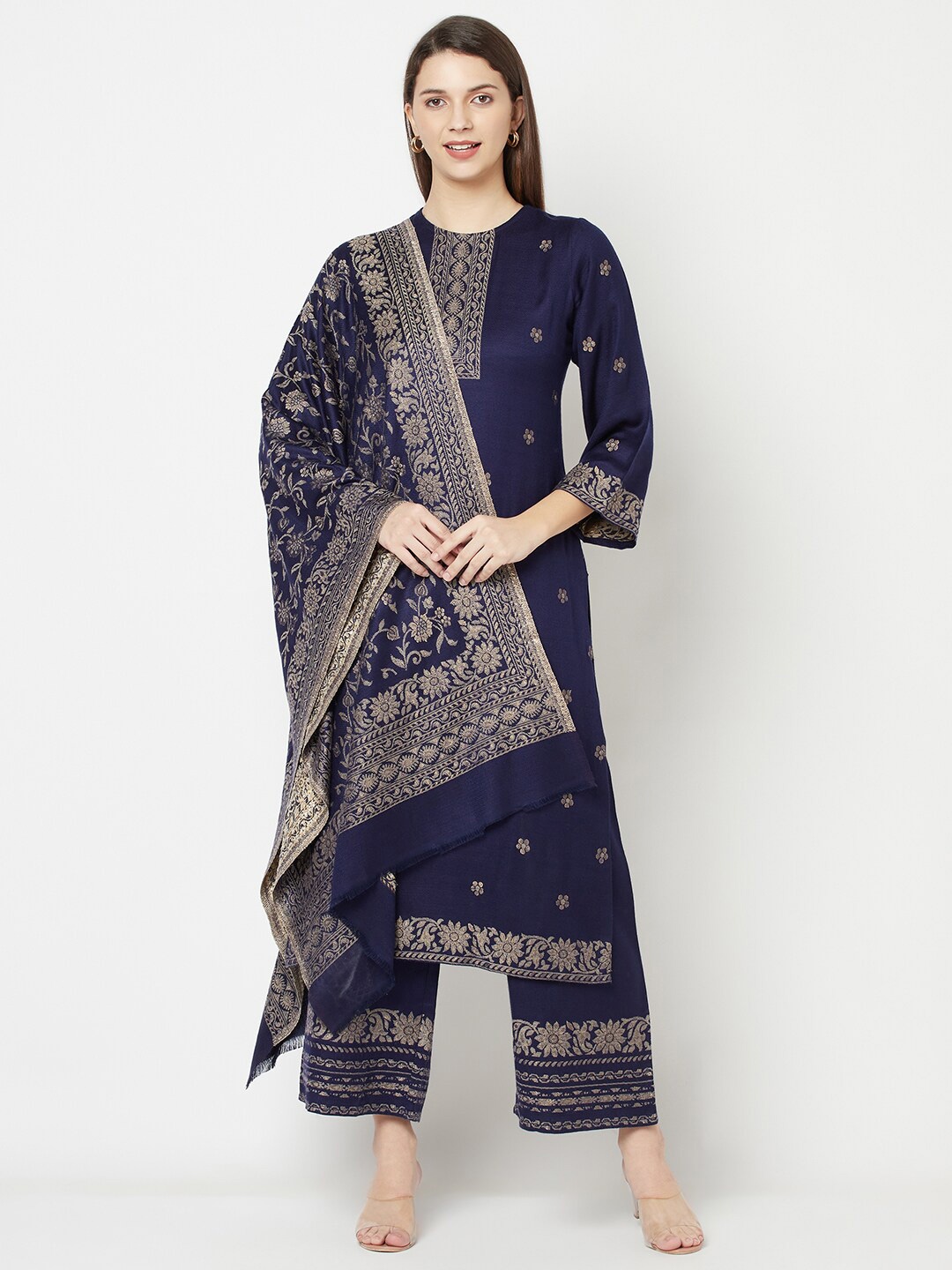 

Safaa Blue & Gold-Toned Acrylic Wool Unstitched Dress Material