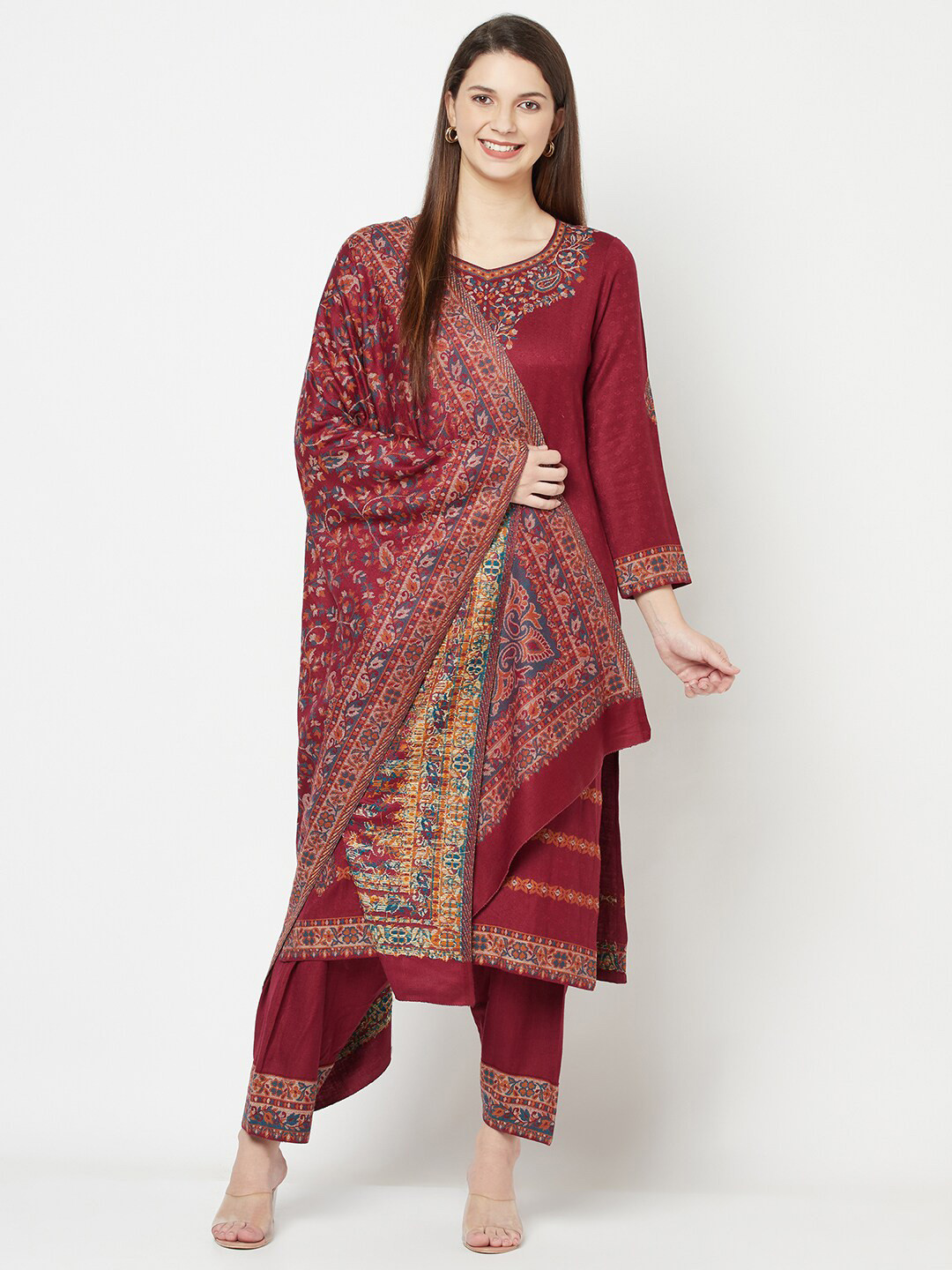 

Safaa Burgundy & Orange Acrylic Wool Unstitched Dress Material