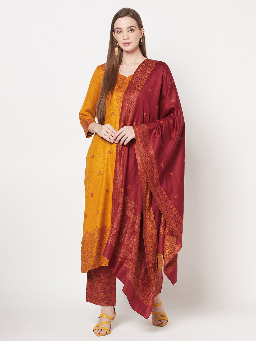 

Safaa Yellow & Maroon Acrylic Wool Unstitched Dress Material
