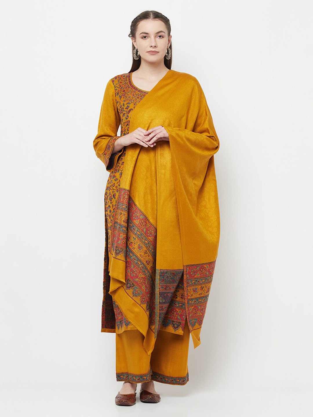 

Safaa Mustard Yellow & Blue Acrylic Wool Unstitched Dress Material