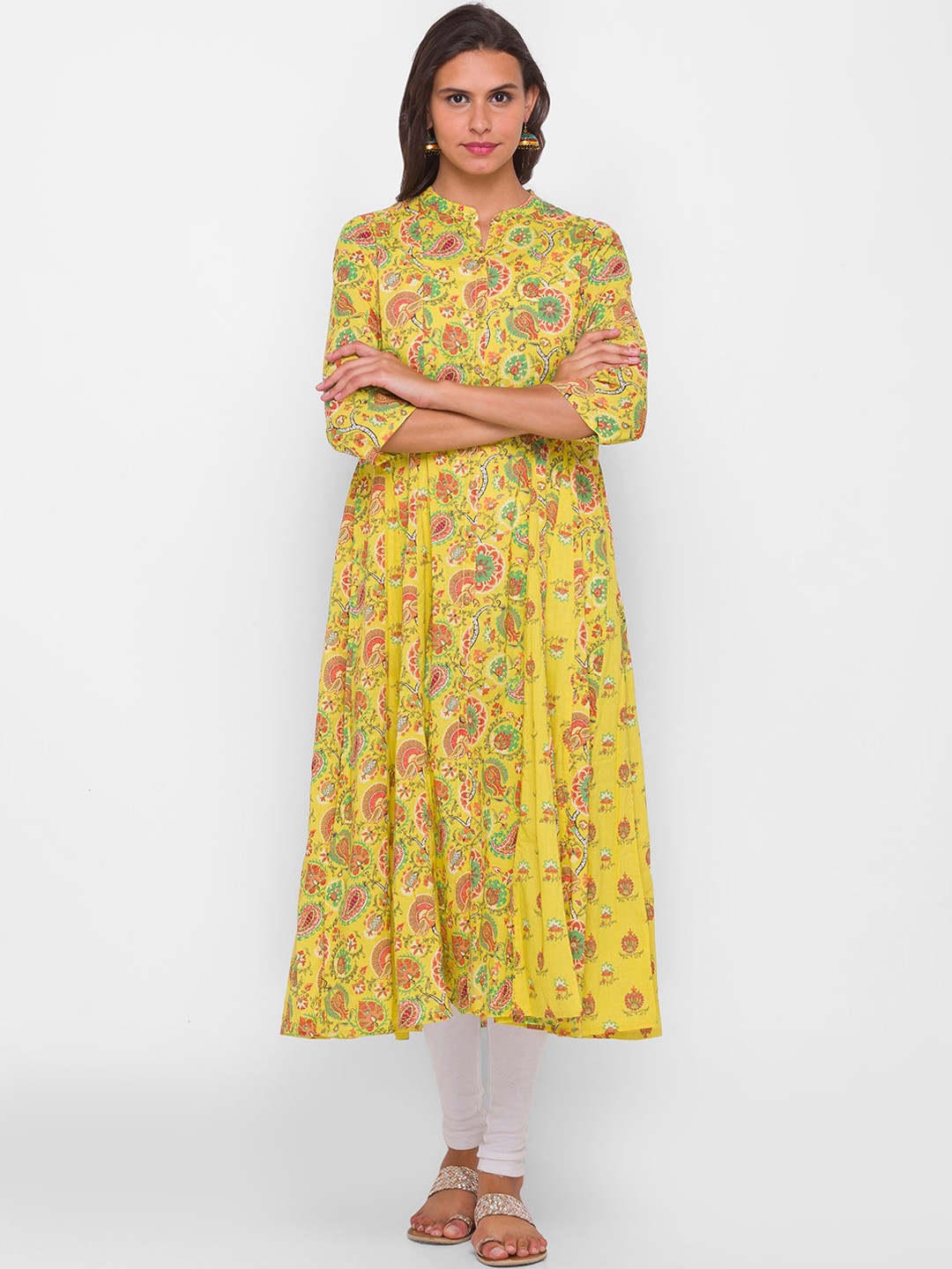 

Globus Women Yellow & Green Floral Printed Floral Cotton Anarkali Kurta