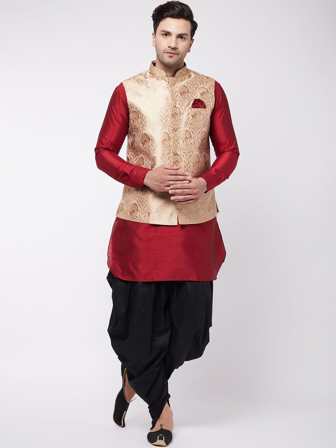 

VASTRAMAY Men Maroon & Black Kurta with Dhoti Pants & Nehru Jackets