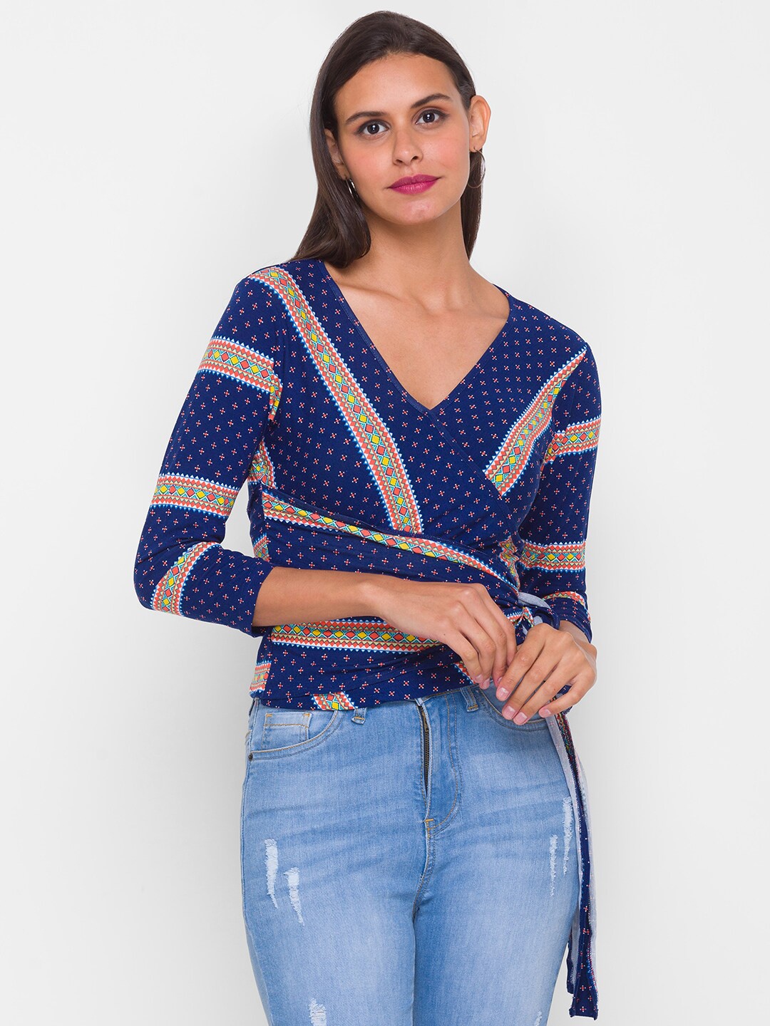 

Globus Navy Blue Printed Wrap Crop Top
