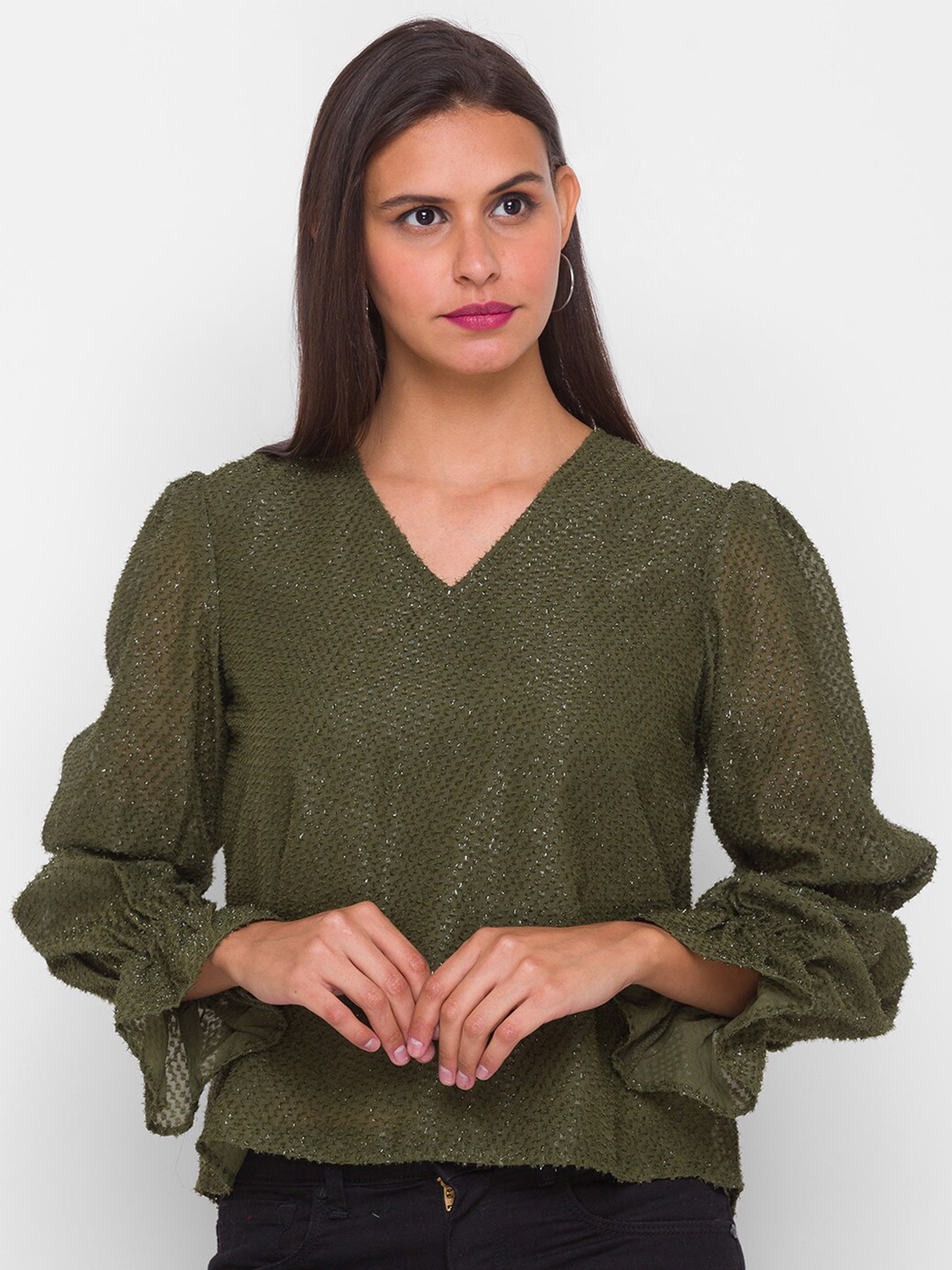 

Globus Olive Green Sheen Self-Design Blouson Top