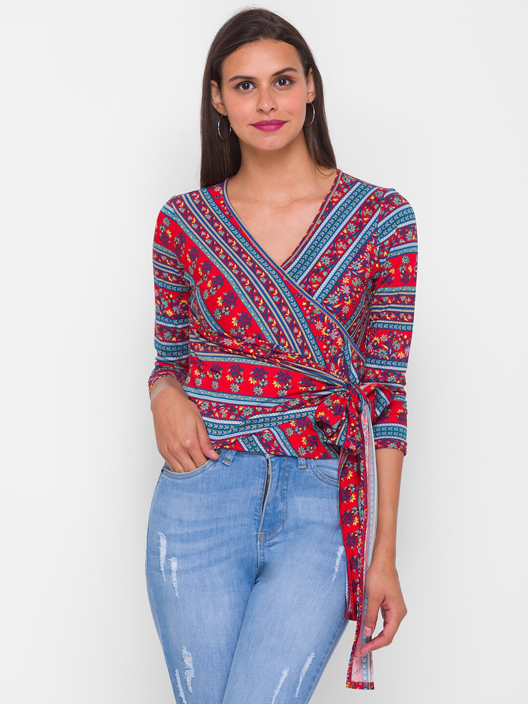 

Globus Red Floral Printed Wrap Top
