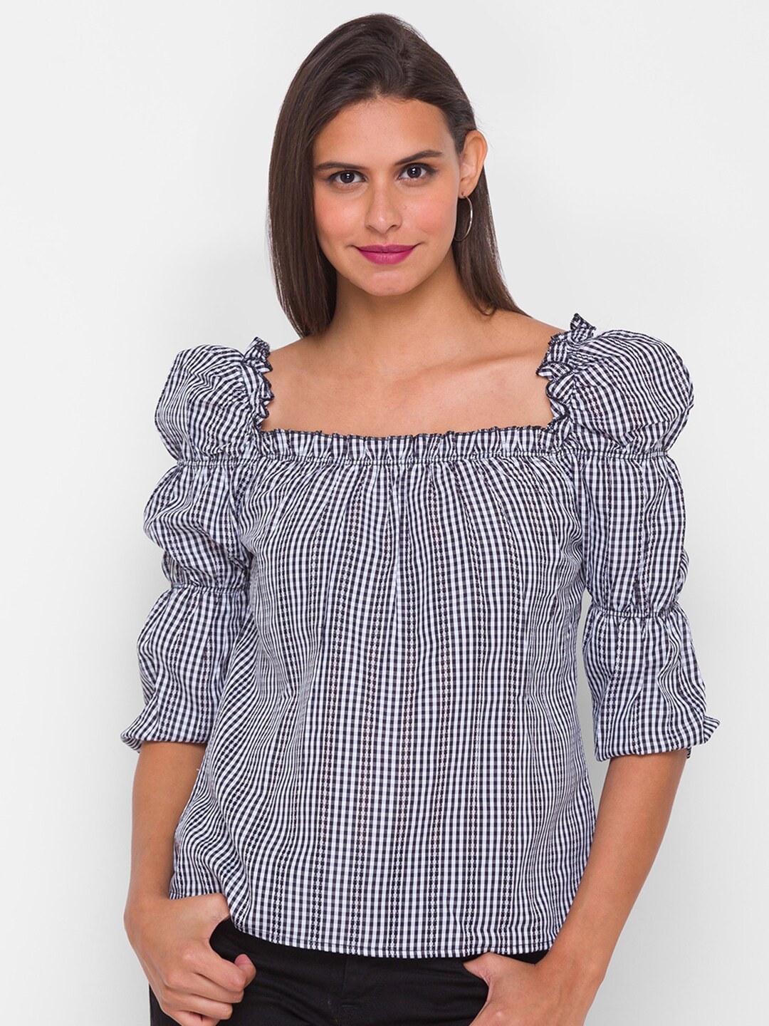 

Globus Women Black & White Checked Ruffles Top
