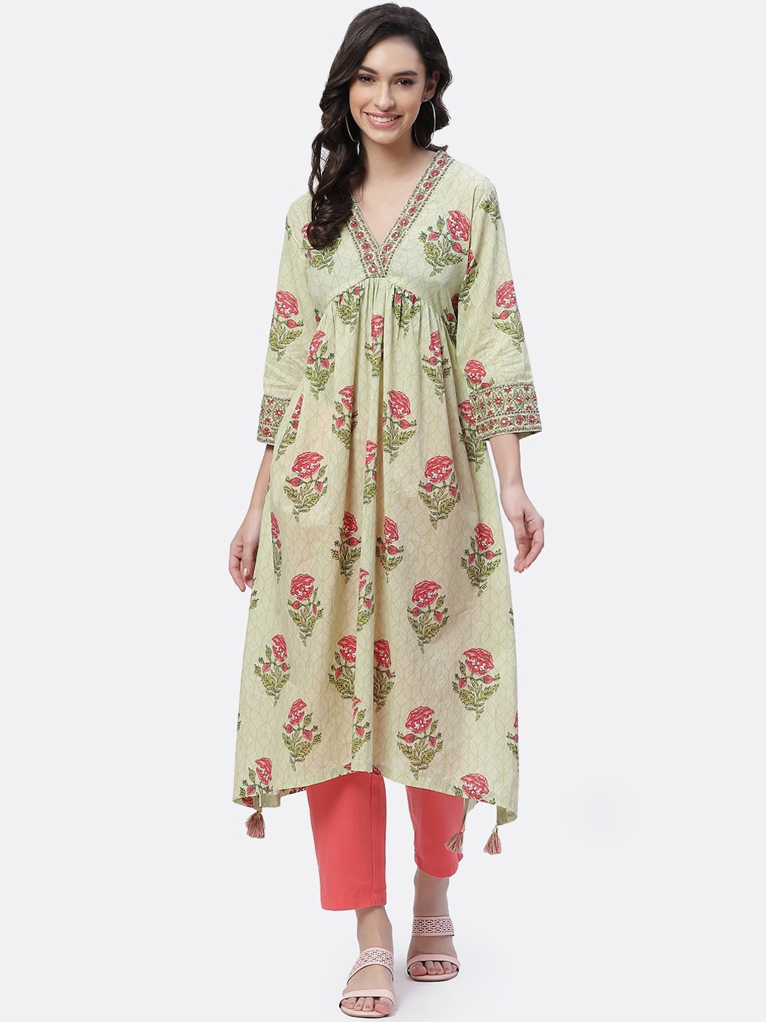 

Biba Women Green & Pink Floral Printed V-neck Cotton A-line Kurta