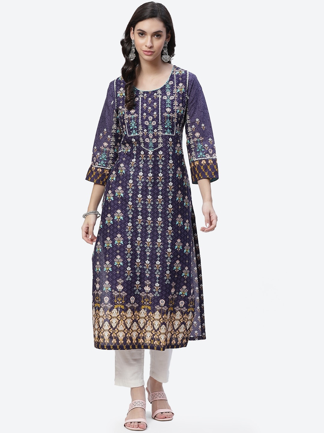 

Biba Women Navy Blue Ethnic Motifs Printed Cotton Kurta
