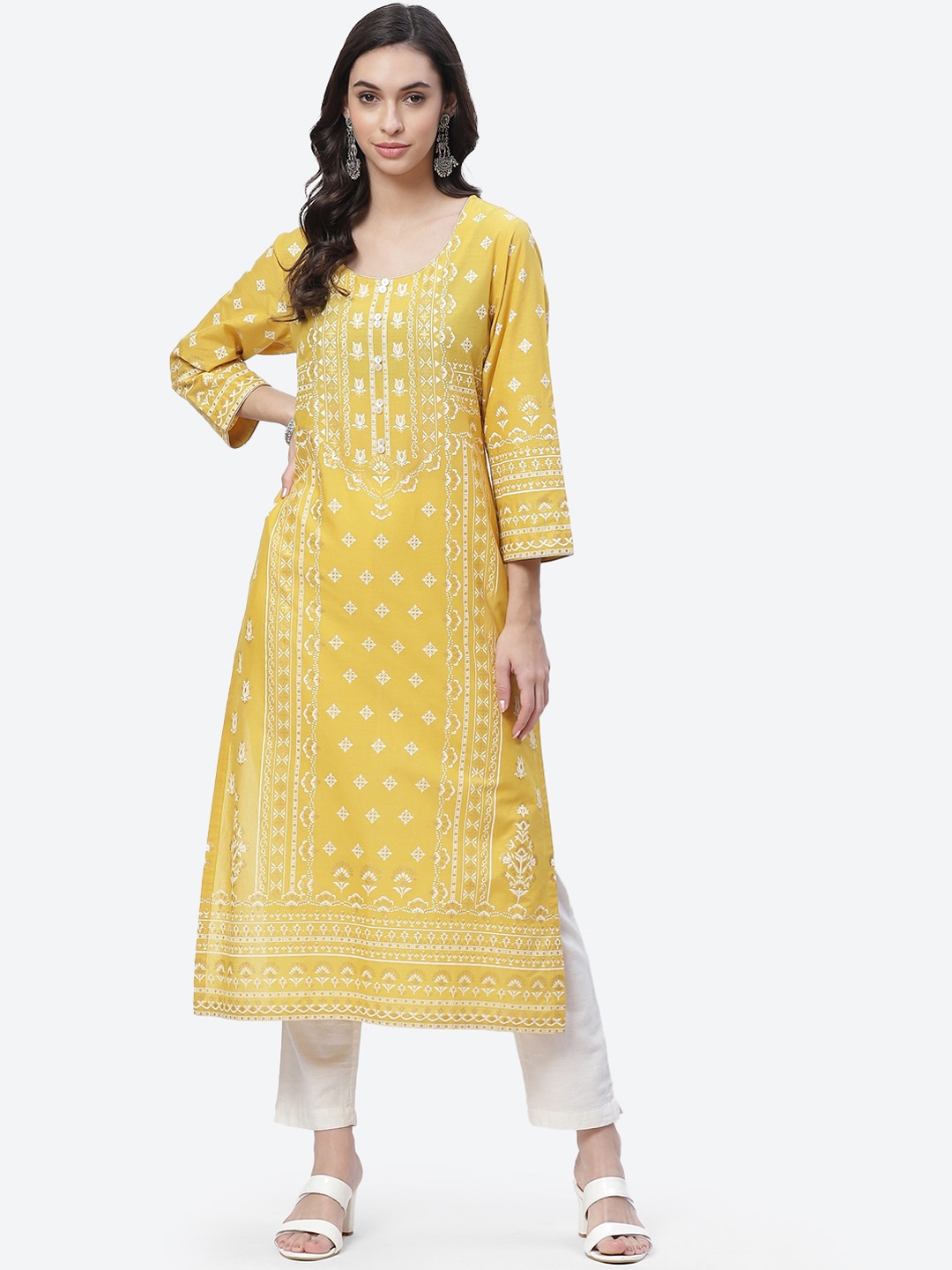 

Biba Women Mustard Yellow Ethnic Motifs Printed Kurta