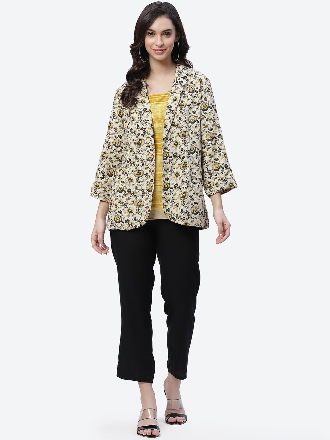 

Biba Women Beige Yellow Floral Longline Open Front Jacket