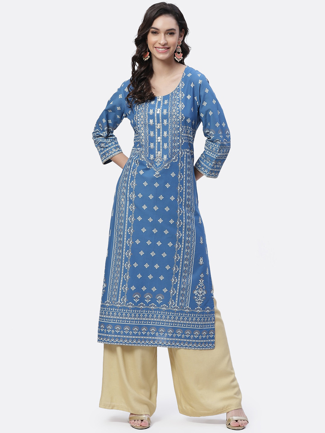 

Biba Women Blue & Beige Ethnic Motifs Printed Kurta