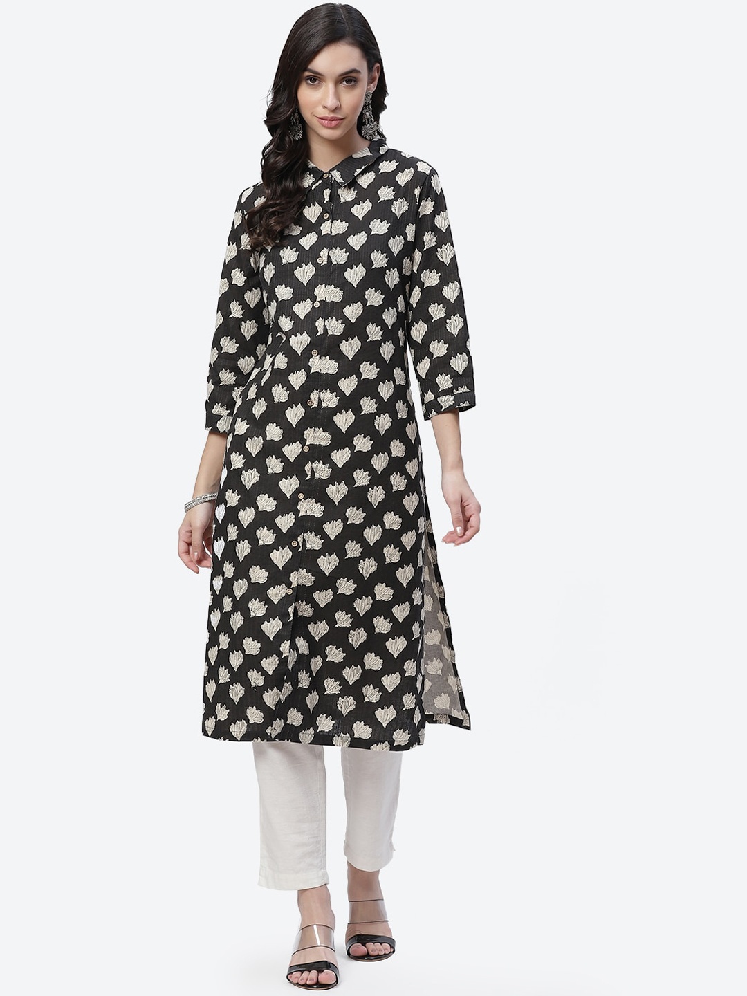 Biba Women Black and White Ethnic Motifs Print Straight Kurta