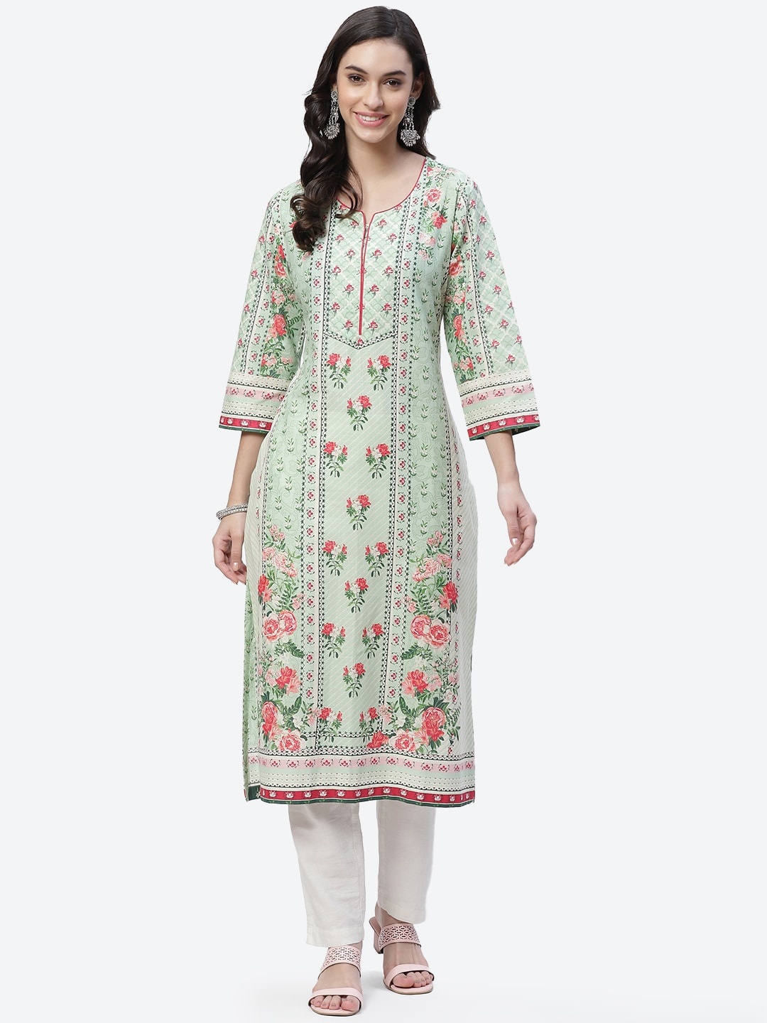 

Biba Women Green Floral Printed Pure Cotton Straight Kurta