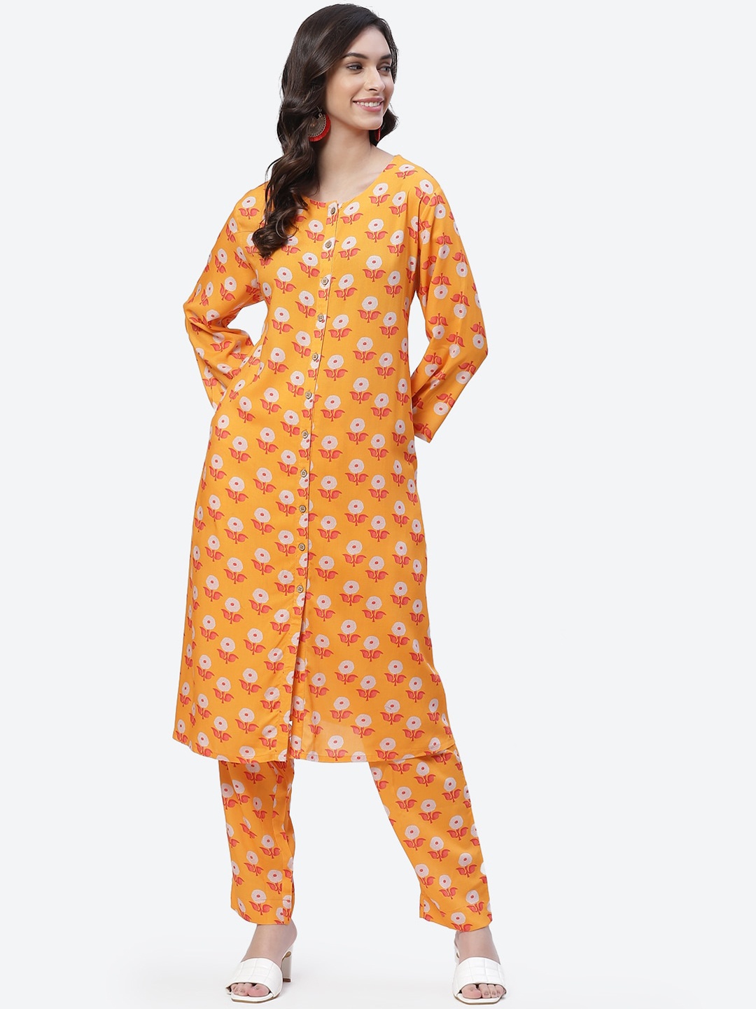 

Biba Women Yellow Floral Printed Straight Kurta with Trousers