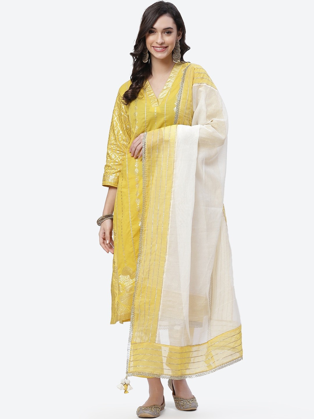 

Biba Women Yellow Ethnic Motifs Printed Pure Cotton Kurta with Trousers & Dupatta
