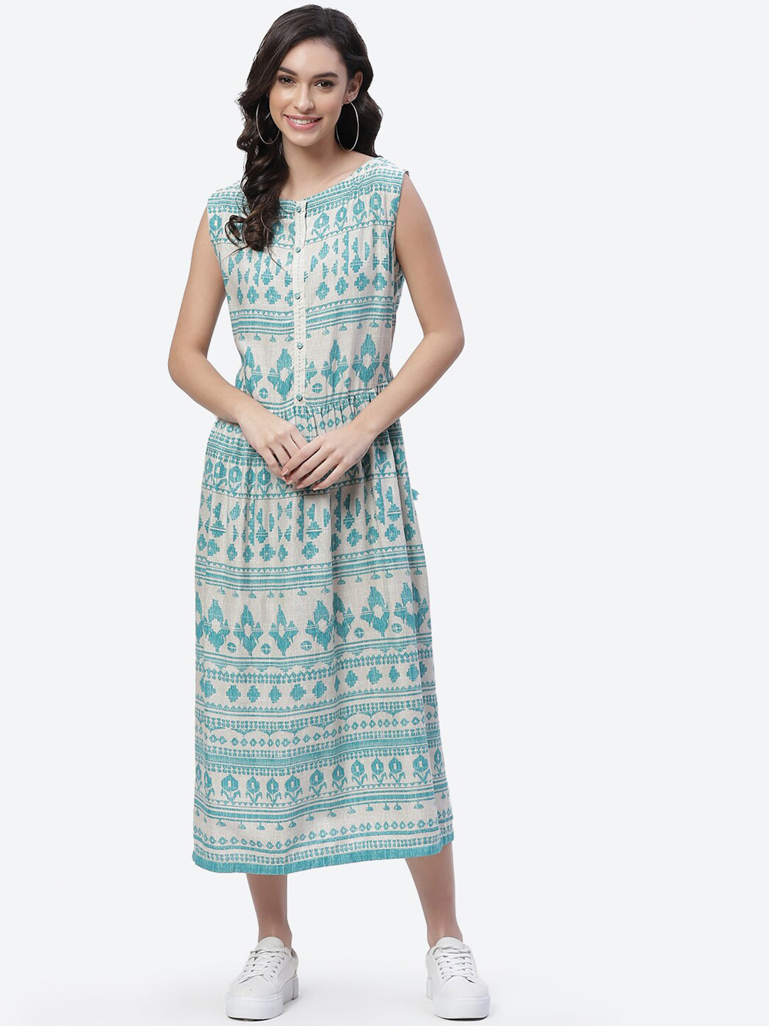 

Biba Turquoise Blue Ethnic Motifs Ethnic A-Line Midi Dress