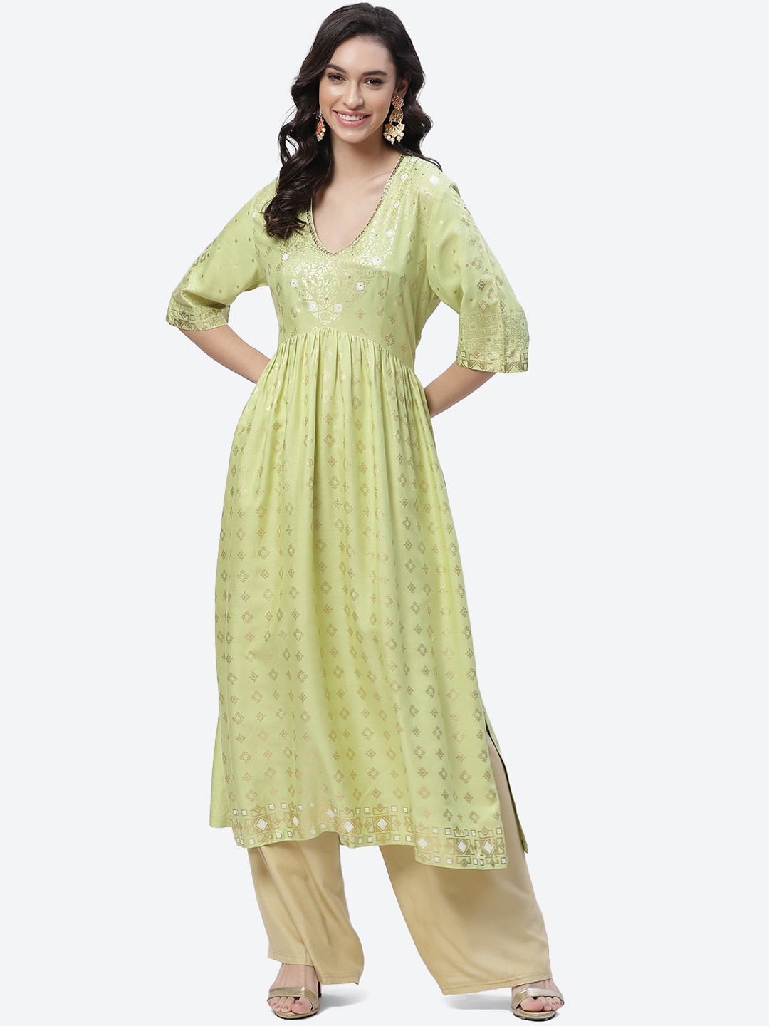 

Biba Women Green Ethnic Motifs Printed Anarkali Kurta