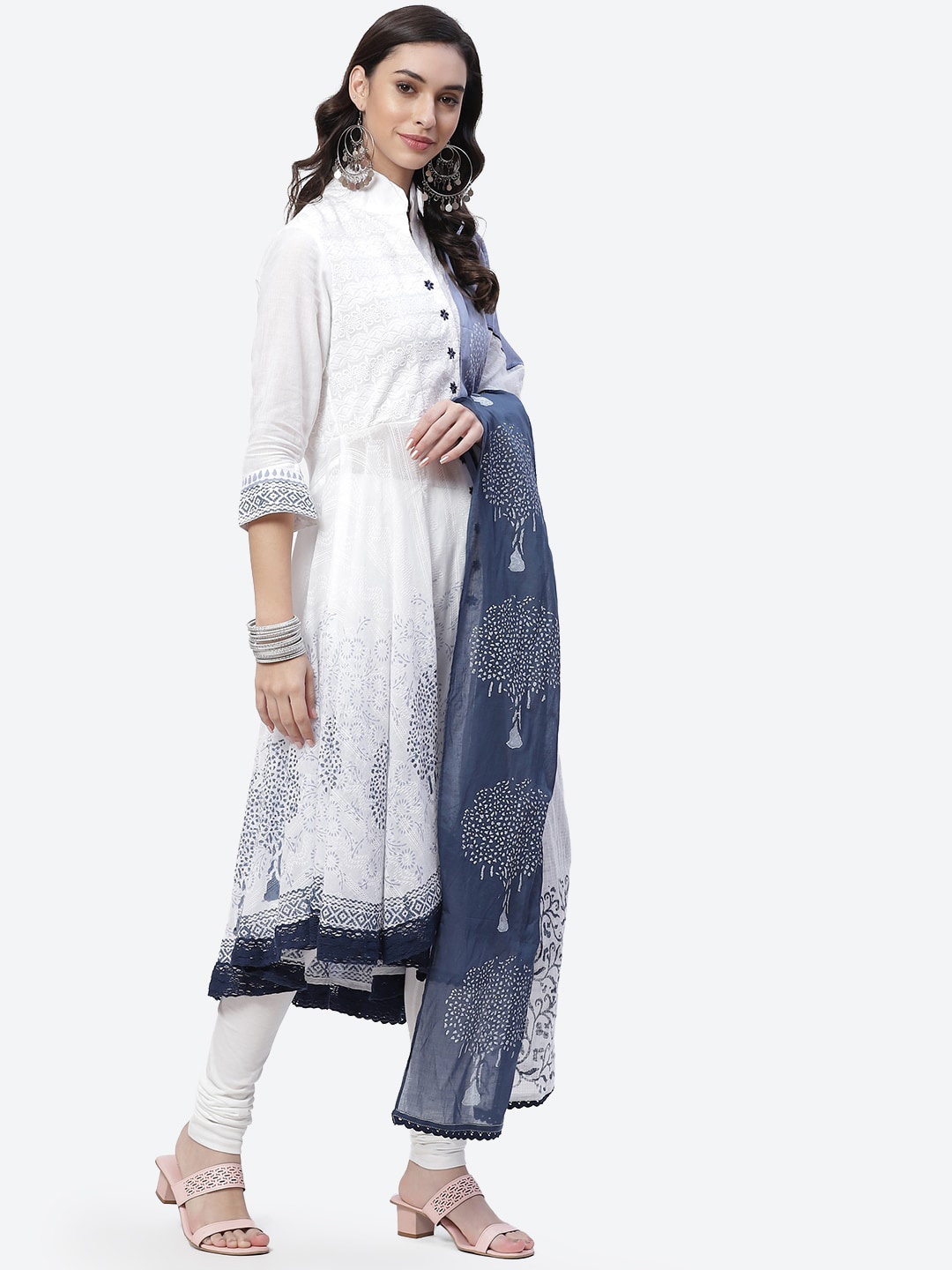 

Biba Women White Embroidered Pure Cotton Kurta with Churidar & With Dupatta