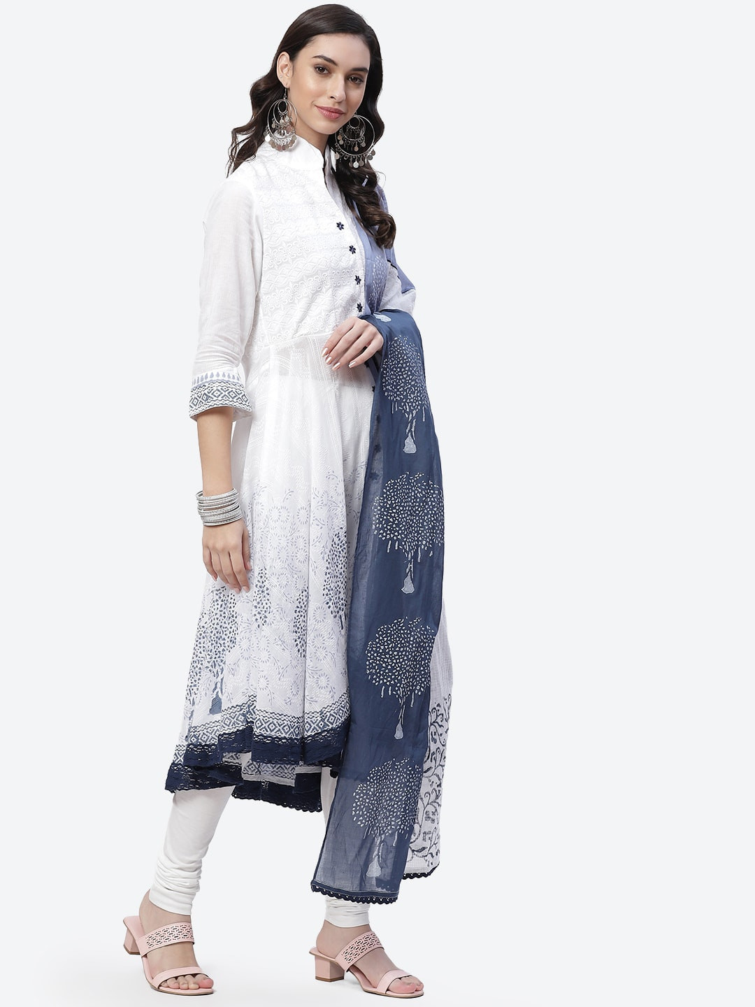 

Biba Women White Ethnic Motifs Embroidered Pleated Thread Work Pure Cotton Kurta with Churidar & With