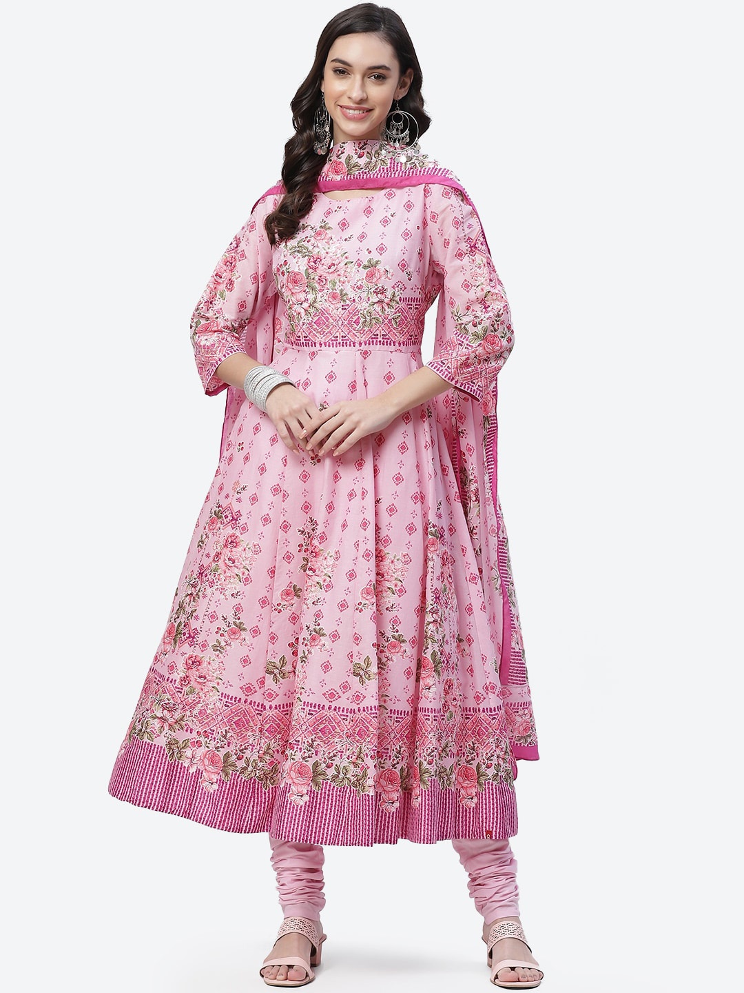 

Biba Women Pink Floral Printed Pure Cotton Kurta with Churidar & Dupatta