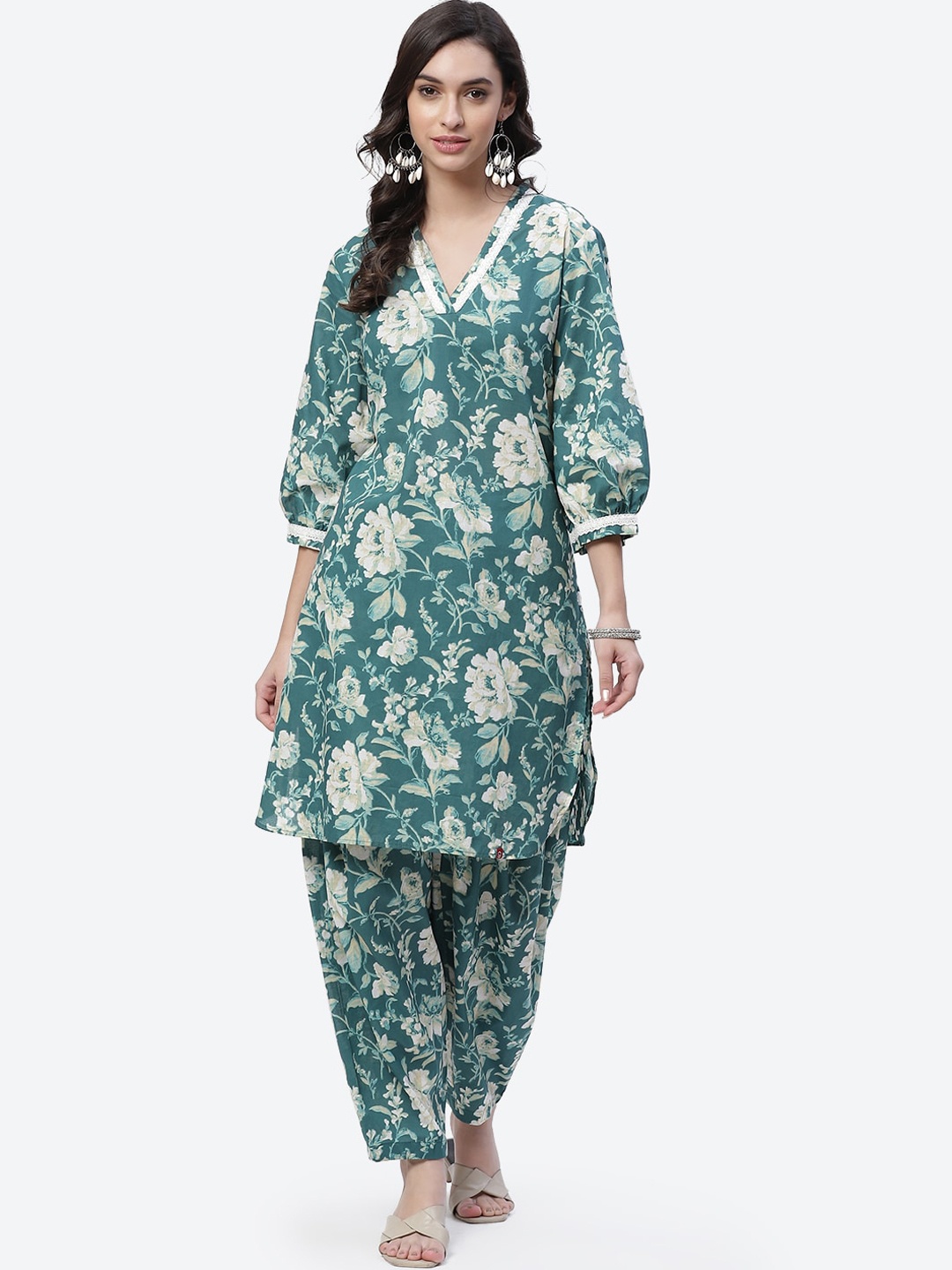 

Biba Women Teal Floral Printed Pure Cotton Kurta with Salwar Set