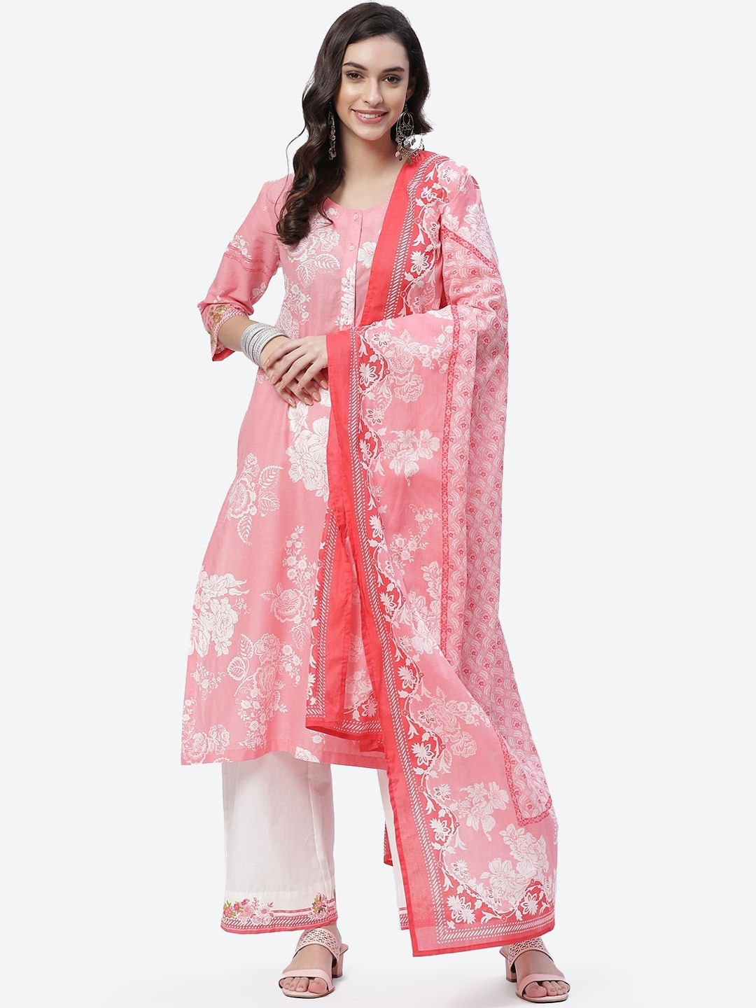 

Biba Women Pink Floral Printed Pure Cotton Kurta with Palazzos & With Dupatta